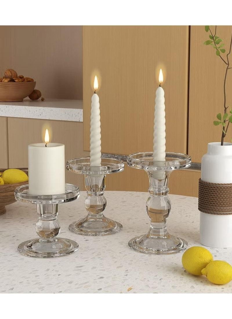 XiuWoo 3pc Clear Glass Candlestick Holders Set for Taper Candles Pillar Candles Tealight Candles Candle Holder Wedding, Dinning and Decoration Fit 0.9 to 2.8 inch Premium Multipurpose Candles  - Image 1
