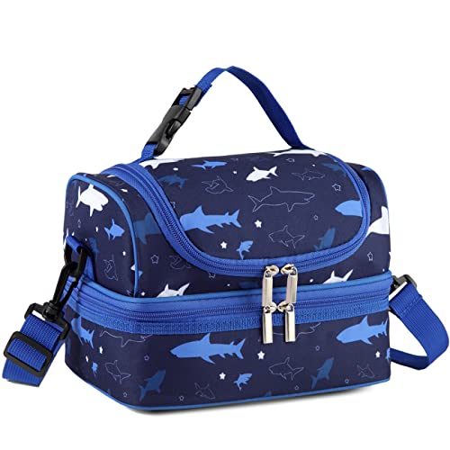 VASCHY Lunch Box Bag Kids, Insulated Two Compartments Cooler Bags for Boys Girls w Shoulder Strap for School,Daycare,Kindergarten,Picnic Shark - Image 1