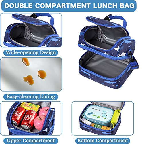 VASCHY Lunch Box Bag Kids, Insulated Two Compartments Cooler Bags for Boys Girls w Shoulder Strap for School,Daycare,Kindergarten,Picnic Shark - Image 4