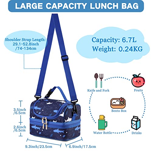 VASCHY Lunch Box Bag Kids, Insulated Two Compartments Cooler Bags for Boys Girls w Shoulder Strap for School,Daycare,Kindergarten,Picnic Shark - Image 2