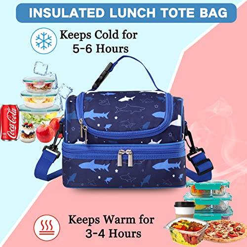 VASCHY Lunch Box Bag Kids, Insulated Two Compartments Cooler Bags for Boys Girls w Shoulder Strap for School,Daycare,Kindergarten,Picnic Shark - Image 3
