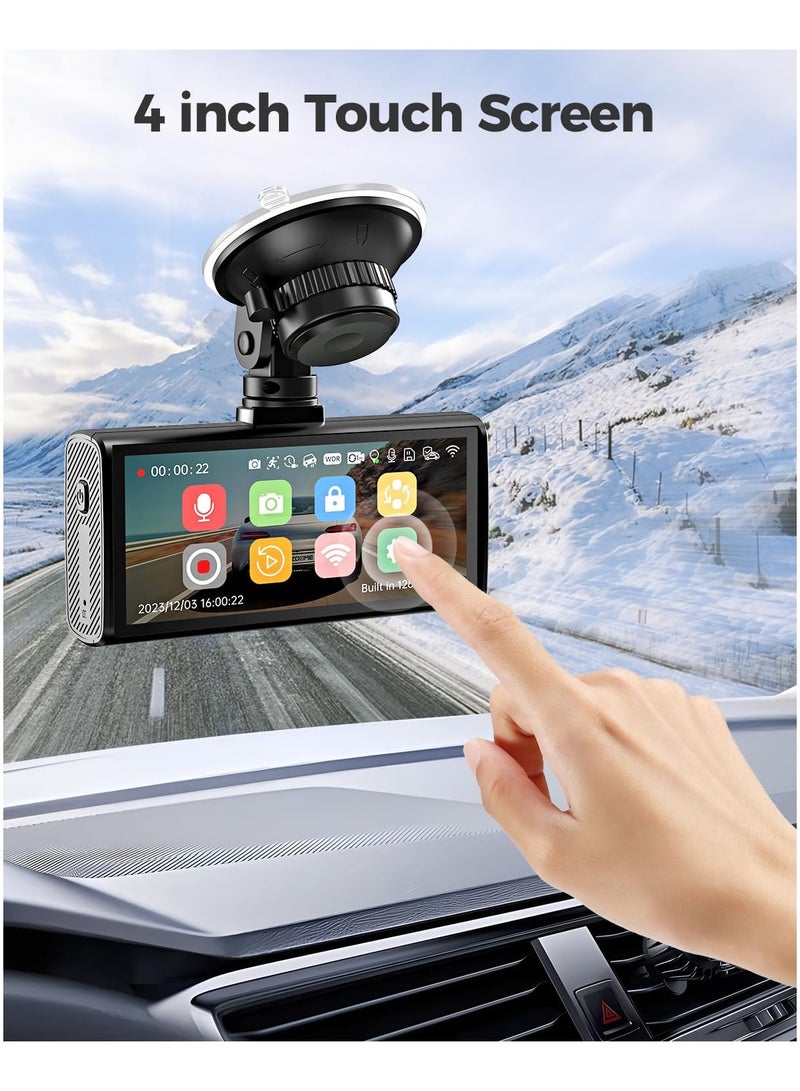 AZDOME 3 Channel WIFI GPS 4K Dash Cam Built-in with Hardwire kit, 4" IPS Touchscreen Built-in eMMC 128GB Front and Rear Inside, 2K+1K Dual on Board Dashcam for Car, 24H Parking Mode IR Night Vision G-Sensor - Image 4