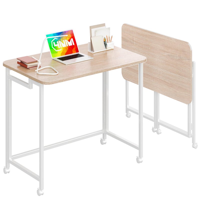 4NM 27.5" Mobile Small Rolling Computer Desk, Folding Laptop Cart Table with Wheels, Portable Office Desk for Small Space Couch Bed - All White - Image 1
