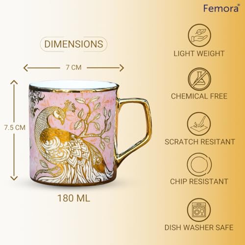 Femora Premium Pink Peacock Pattern Golden Ceramic Tea Cup | Finest Premium for Tea/Coffee/Hot Drinks | Set of 6 | Capacity- 180 ML | Pink | (Not Microwave Safe) - Image 3