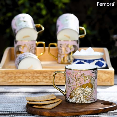 Femora Premium Pink Peacock Pattern Golden Ceramic Tea Cup | Finest Premium for Tea/Coffee/Hot Drinks | Set of 6 | Capacity- 180 ML | Pink | (Not Microwave Safe) - Image 5