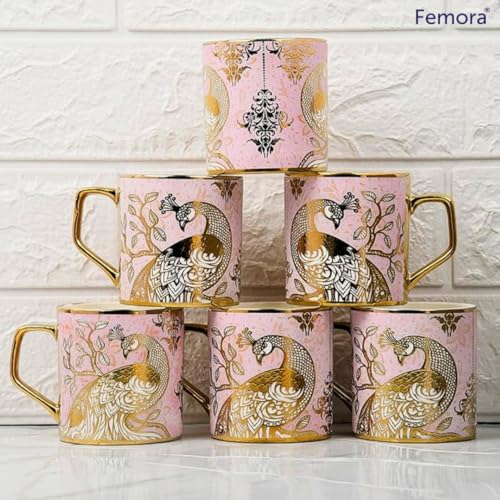 Femora Premium Pink Peacock Pattern Golden Ceramic Tea Cup | Finest Premium for Tea/Coffee/Hot Drinks | Set of 6 | Capacity- 180 ML | Pink | (Not Microwave Safe) - Image 4