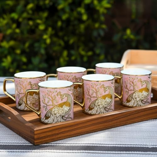 Femora Premium Pink Peacock Pattern Golden Ceramic Tea Cup | Finest Premium for Tea/Coffee/Hot Drinks | Set of 6 | Capacity- 180 ML | Pink | (Not Microwave Safe) - Image 1