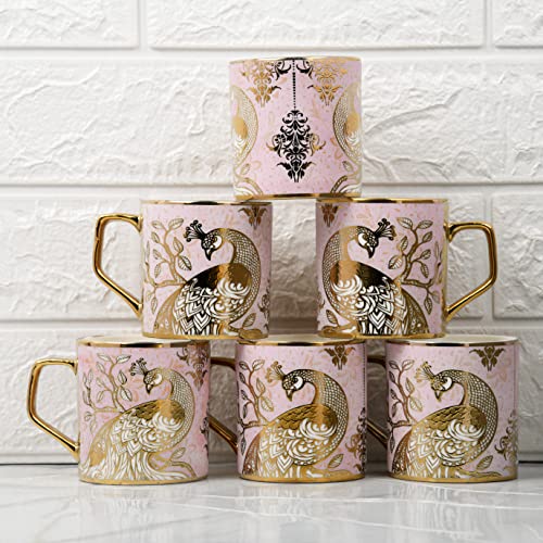 Femora Premium Pink Peacock Pattern Golden Ceramic Tea Cup | Finest Premium for Tea/Coffee/Hot Drinks | Set of 6 | Capacity- 180 ML | Pink | (Not Microwave Safe) - Image 2