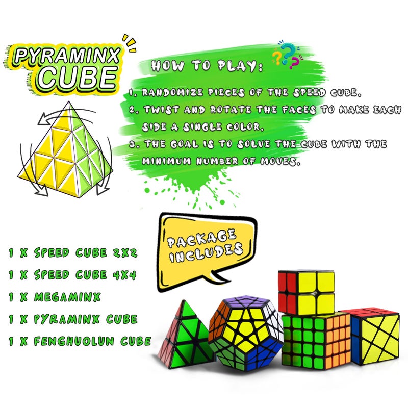 Coolzon Speed Cube Set, Puzzle Cube, Magic Cube 2x2 4x4 Pyraminx Pyramid Megaminx Fenghuolun Puzzle Cube Toy Gift for Children Adults, Pack of 5 - Image 4