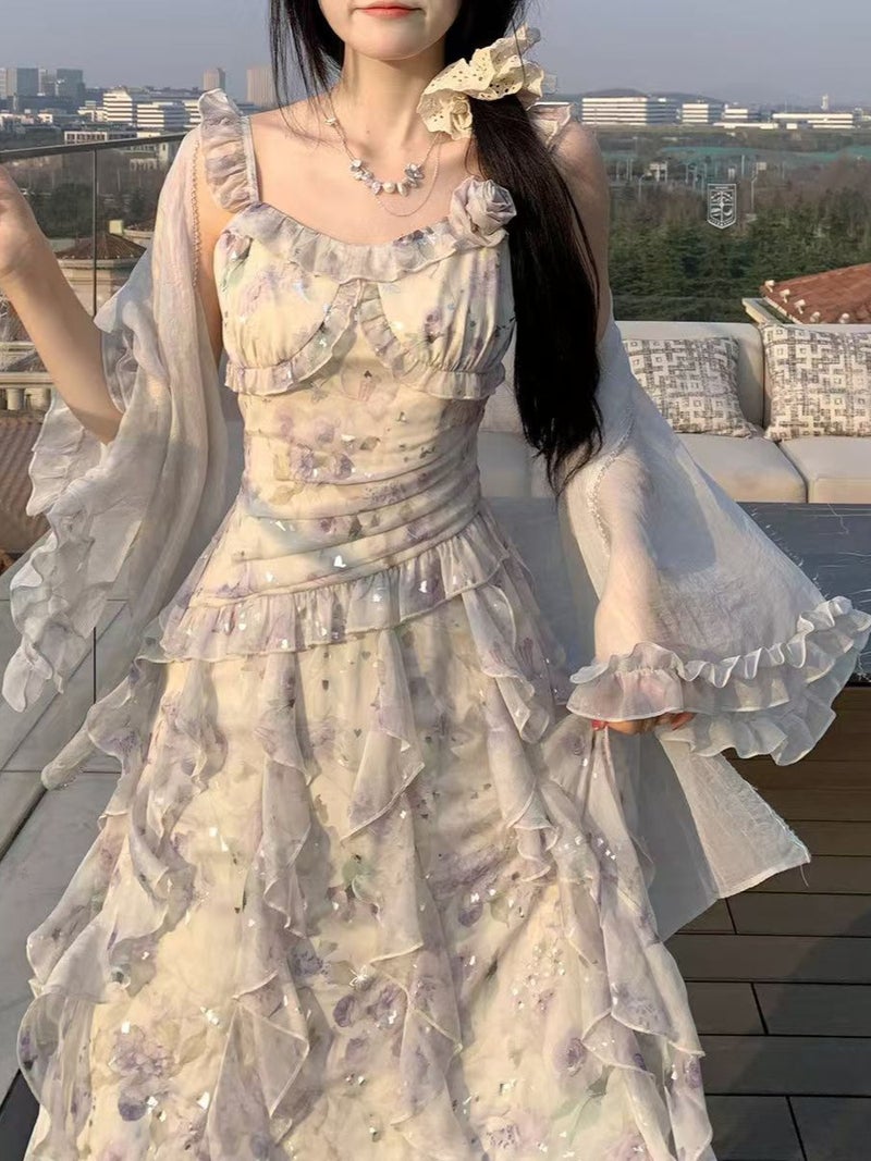 French New Dress Women'S High Waist Ruffled Flash Floral Gentle Elegant Pleated Slimming Super Fairy Slip Dress