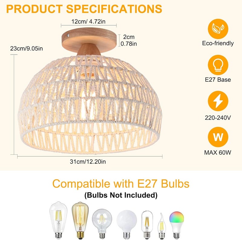 Garwarm Rattan Ceiling Light, Boho Semi Recessed Ceiling Light, Handmade Rattan Lighting Fixtures, E27 Vintage Chandelier Rustic White Ceiling Lamp for Living Room Bedroom Dining Kitchen Hallway - Image 3