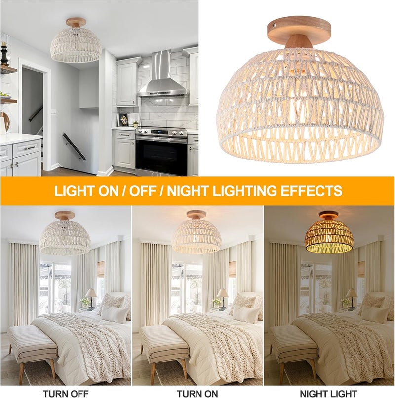 Garwarm Rattan Ceiling Light, Boho Semi Recessed Ceiling Light, Handmade Rattan Lighting Fixtures, E27 Vintage Chandelier Rustic White Ceiling Lamp for Living Room Bedroom Dining Kitchen Hallway - Image 5