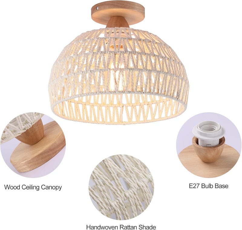 Garwarm Rattan Ceiling Light, Boho Semi Recessed Ceiling Light, Handmade Rattan Lighting Fixtures, E27 Vintage Chandelier Rustic White Ceiling Lamp for Living Room Bedroom Dining Kitchen Hallway - Image 4