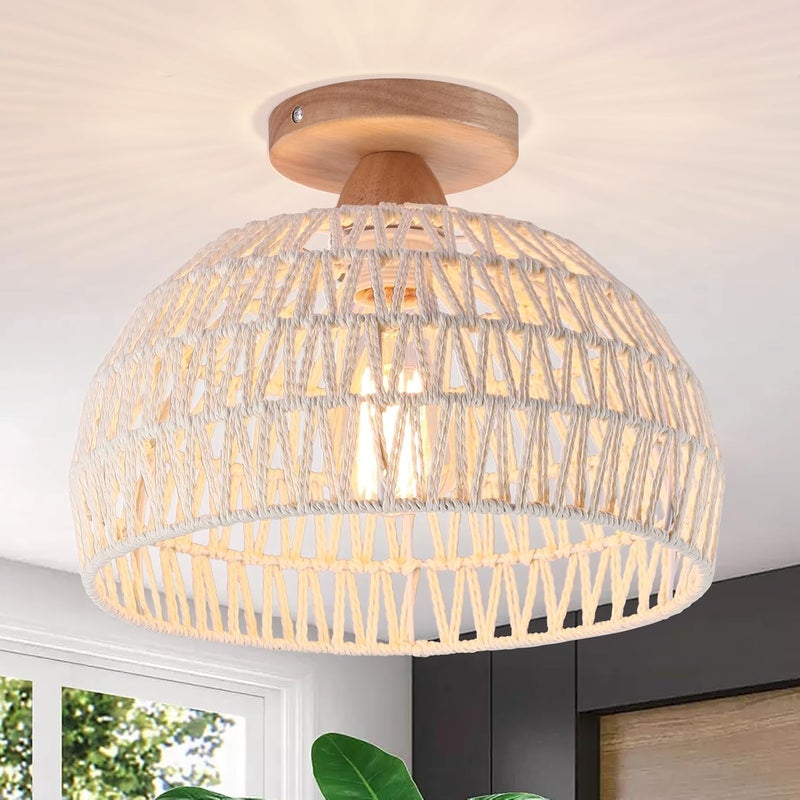 Garwarm Rattan Ceiling Light, Boho Semi Recessed Ceiling Light, Handmade Rattan Lighting Fixtures, E27 Vintage Chandelier Rustic White Ceiling Lamp for Living Room Bedroom Dining Kitchen Hallway - Image 1