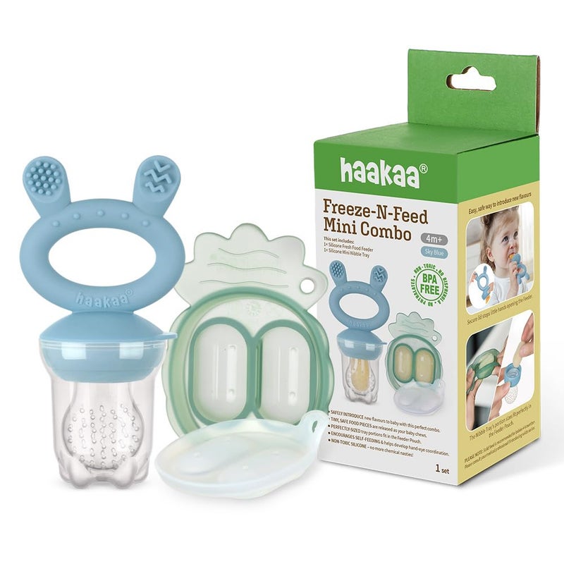 Haakaa Freeze-N-Feed Mini Combo â€“ Baby Feeder â€“ Silicone Nibble Tray â€“ Breastmilk Popsicle Mold - Ideal for Self-Feeding & Teething Relief â€“ 100% Food-Grade Silicone (Sky Blue) - Image 1