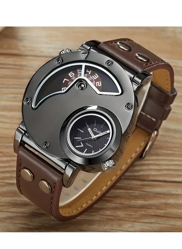 أولم Oulm أولم الرجال مزدوجة المنطقة الزمنية الرياضة الساعة الكوارتز - الجلد العادي، الفولاذ المقاوم للصدأ حالة، حزام الجلد الأصلي - فكرة هدية مثالية - Image 1