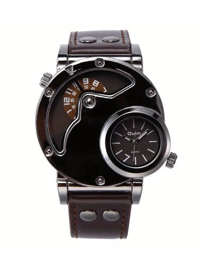 أولم Oulm أولم الرجال مزدوجة المنطقة الزمنية الرياضة الساعة الكوارتز - الجلد العادي، الفولاذ المقاوم للصدأ حالة، حزام الجلد الأصلي - فكرة هدية مثالية - Image 2