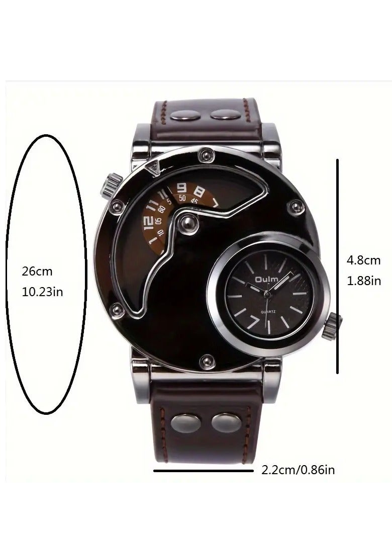 أولم Oulm أولم الرجال مزدوجة المنطقة الزمنية الرياضة الساعة الكوارتز - الجلد العادي، الفولاذ المقاوم للصدأ حالة، حزام الجلد الأصلي - فكرة هدية مثالية - Image 3