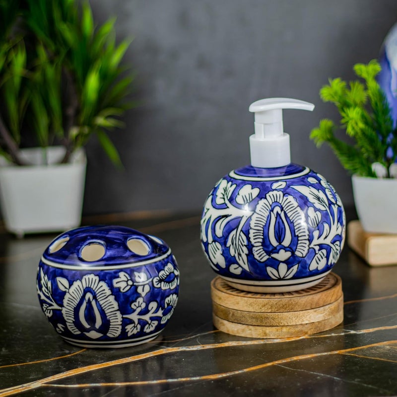 KAOLINITE Kaolinite Ceramic Bathroom Accessories Set for Utility and Bathroom Decor Liquid Soap Dispenser soap Tray Toothbrus Holder Blue  - Image 3