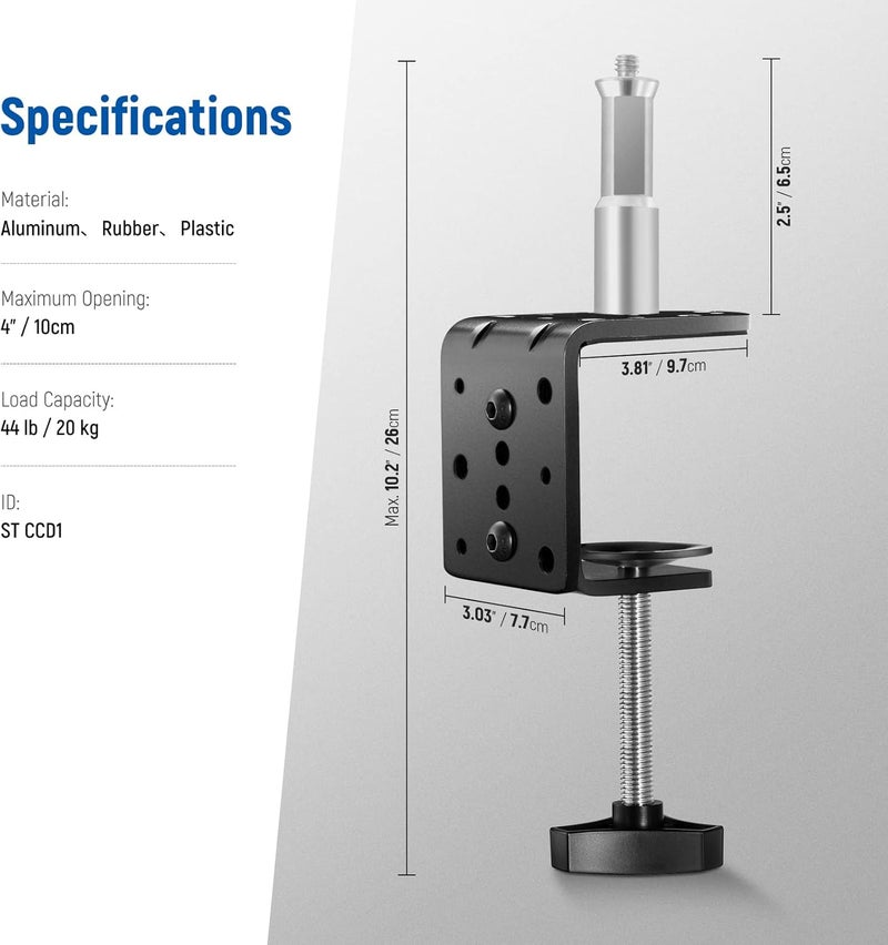Neewer Heavy Duty C Clamp with Mounting Column for Light Bracket, Adjustable Metal Desk Clamp with 1/4 3/8 Screw for Ring Lighting, Max Load 44 lb/20kg, St-CCD1 - Image 3