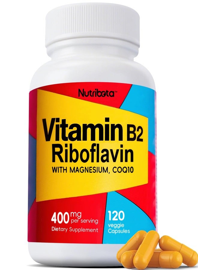 Nutribota نيوتريبوتا فيتامين ب2 ريبوفلافين 400 ملغ مع المغنيسيوم والإنزيم المساعد Q10 للبالغين، كبسولات فيتامين ب2 للطاقة وتخفيف الصداع النصفي، 120 كبسولة نباتية - Image 1