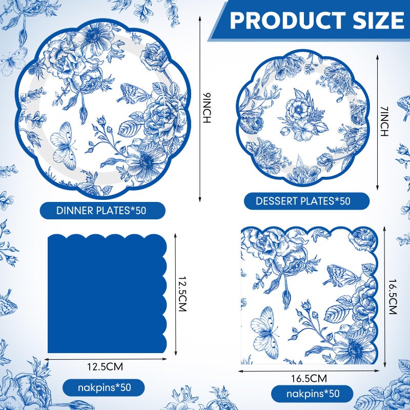 Funnymoom Blue White Floral Party Tableware Flower Birthday Disposable Paper Dinner Dessert Plates Blue Floral Napkins for Birthday Baby Shower Bridal Shower Wedding Party Family Holiday 50 Guests - Image 1
