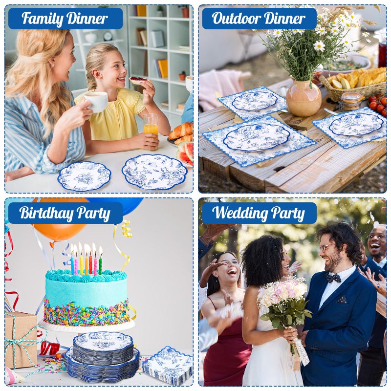 Funnymoom Blue White Floral Party Tableware Flower Birthday Disposable Paper Dinner Dessert Plates Blue Floral Napkins for Birthday Baby Shower Bridal Shower Wedding Party Family Holiday 50 Guests - Image 3