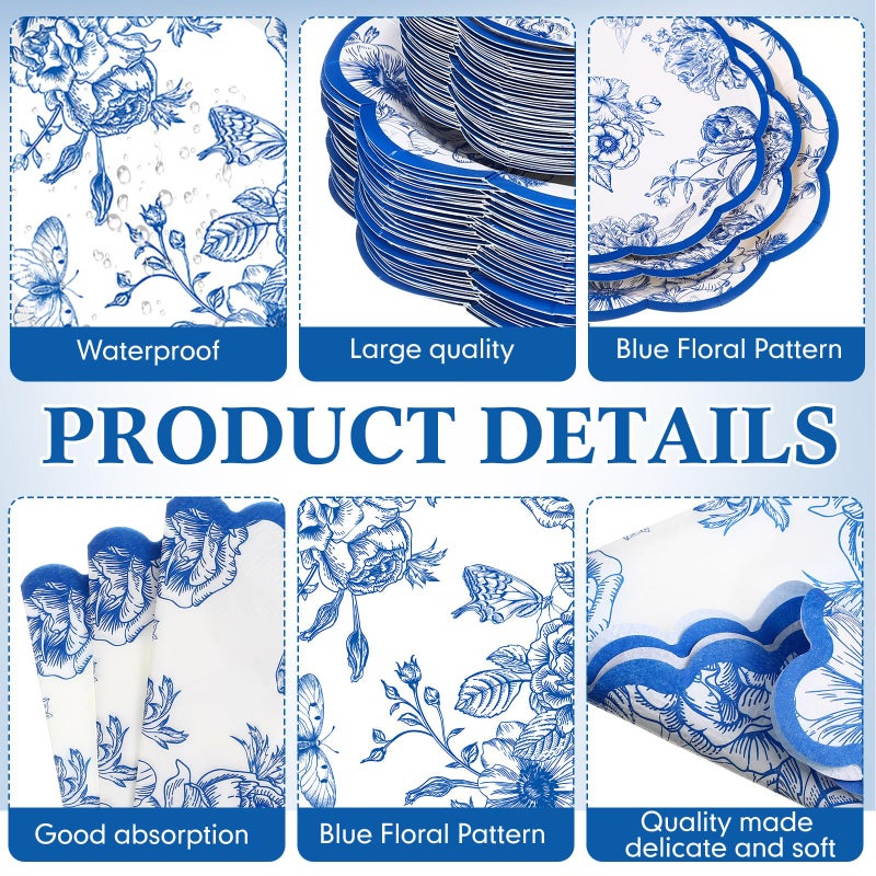 Funnymoom Blue White Floral Party Tableware Flower Birthday Disposable Paper Dinner Dessert Plates Blue Floral Napkins for Birthday Baby Shower Bridal Shower Wedding Party Family Holiday 50 Guests - Image 2