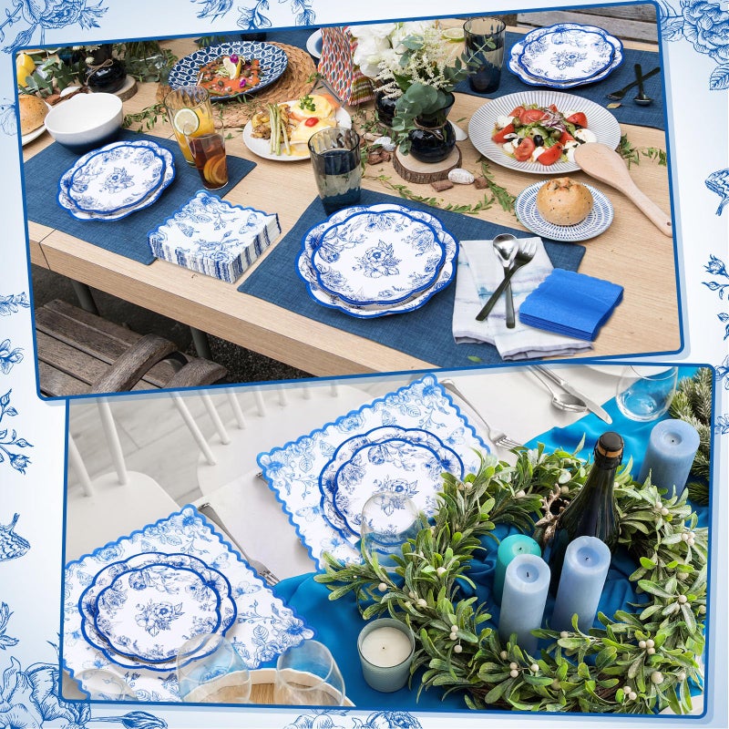 Funnymoom Blue White Floral Party Tableware Flower Birthday Disposable Paper Dinner Dessert Plates Blue Floral Napkins for Birthday Baby Shower Bridal Shower Wedding Party Family Holiday 50 Guests - Image 4