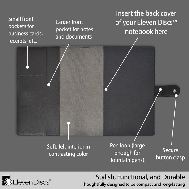 Eleven Discsâ„¢ Premium Faux Leather Discbound Notebook Folio Cover with Multiple Pockets and Secure Button Clasp - Notebook Not Included (Junior Size, Black) - Image 2