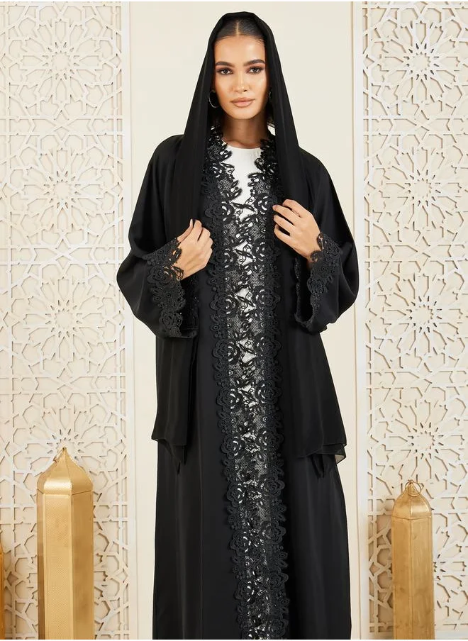 Modiste Embroidered Lace Trim Abaya by Styli