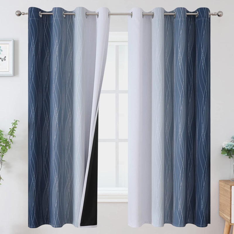 Estelar Textiler Full Room Darkening Greyish White and Navy Blue Blackout Curtains 63 Inch Length 2 Panels SetOmbre Thermal Insulated Full Light Blocking Grommet Blackout Drapes for Boys Room52Wx63L