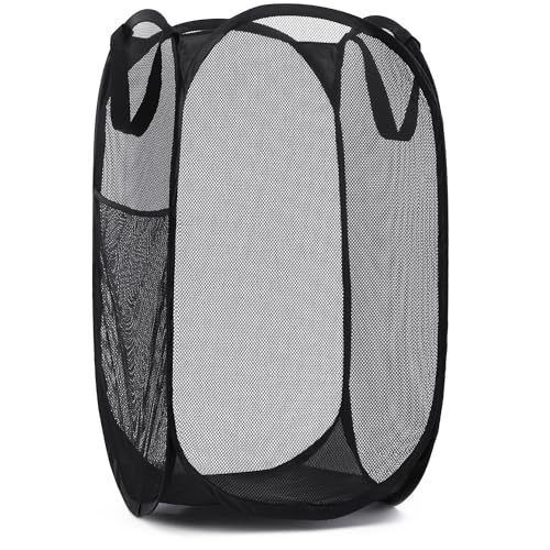 Handy Laundry Collapsible Mesh Pop Up Hamper with Wide Opening and Side Pocket - Breathable, Sturdy, Foldable, and Space-Saving Design for Clothes and Storage (Black) - Image 1
