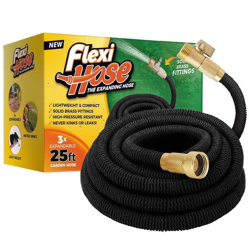 Flexi Hose Lightweight Expandable Garden Hose, 25FT -Retractable Garden Hose, Water Hose - No-Kink Flexibility, 3/4 Inch Solid Brass Fittings and Double Latex Core - Image 1