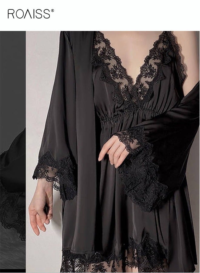 roaiss 3-Piece Lace Satin Pajama Set For Women Daily Fashion Suspender Nightgown + Same Color Pajamas Outer Robe + Same Color Thong Set Home Wear - Image 1