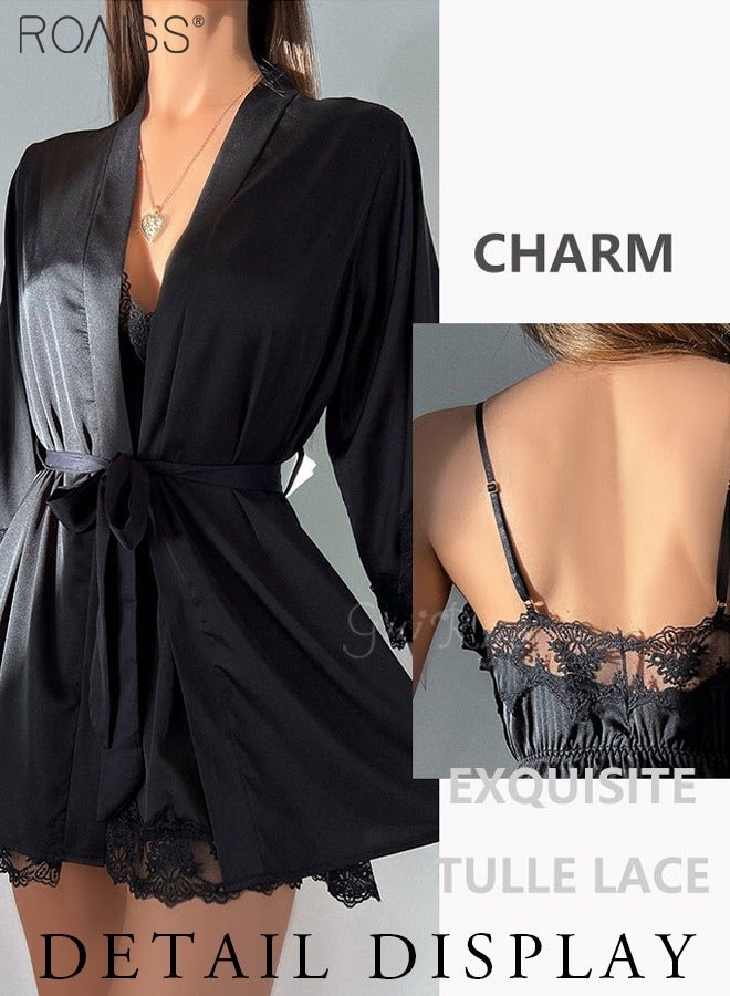 roaiss 3-Piece Lace Satin Pajama Set For Women Daily Fashion Suspender Nightgown + Same Color Pajamas Outer Robe + Same Color Thong Set Home Wear - Image 3