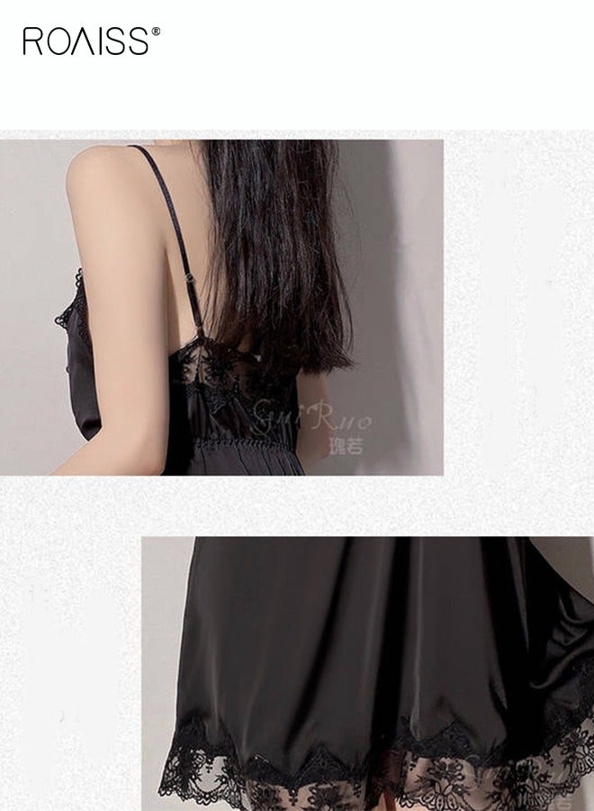 roaiss 3-Piece Lace Satin Pajama Set For Women Daily Fashion Suspender Nightgown + Same Color Pajamas Outer Robe + Same Color Thong Set Home Wear - Image 5