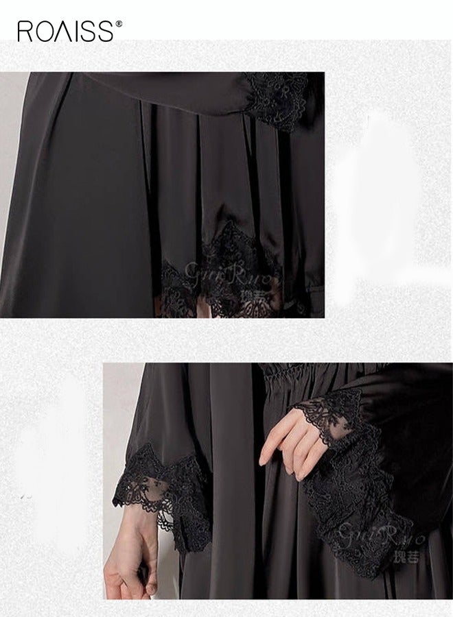 roaiss 3-Piece Lace Satin Pajama Set For Women Daily Fashion Suspender Nightgown + Same Color Pajamas Outer Robe + Same Color Thong Set Home Wear - Image 4