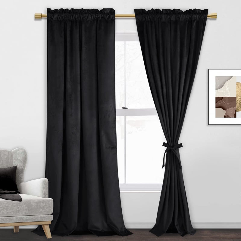 JIUZHEN Black Velvet Curtains Rod Pocket Thermal Insualted Room Darkening Window Drapes for Bedroom and Living Room 52 x 96 inches Set of 2 Panels
