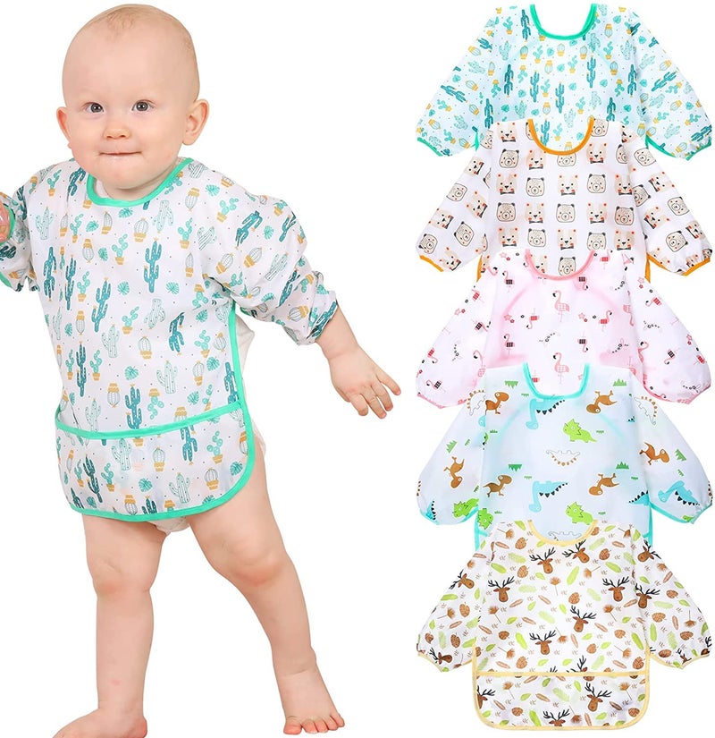 Lictin Long Sleeve Bibs 5 Pack - Baby Bibs for Girl or Boy, 0-24 Months Neutral Baby Smock for Eating, Waterproof Toddler Bibs, Reusable Infant Baby Bibs for Feeding Teething or Weaning - Image 1