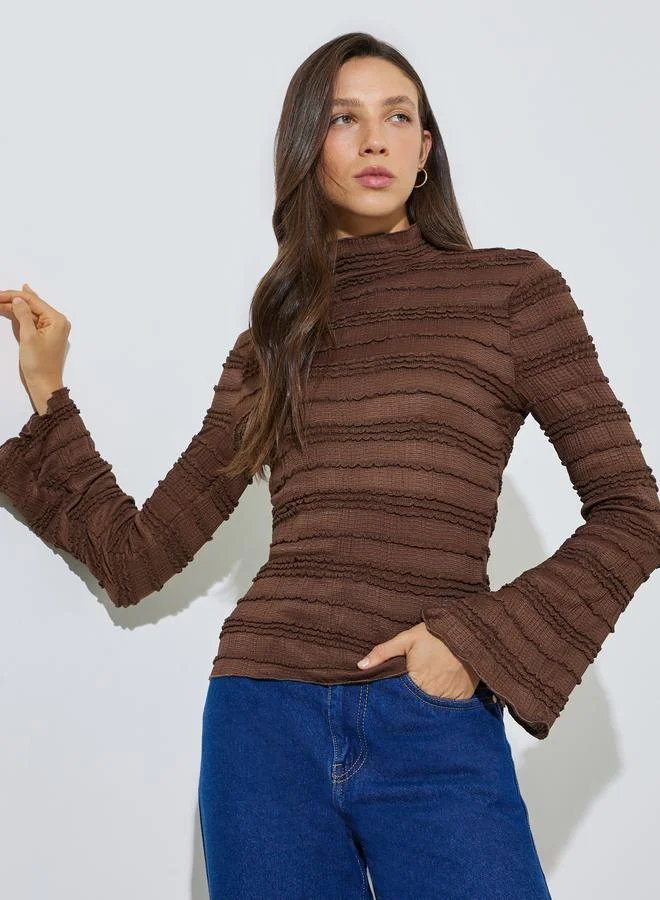 Styli Coffee Brown High Neck Textured Knit Top