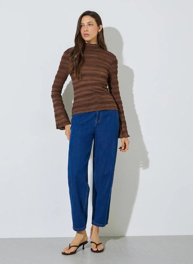 Styli Coffee Brown High Neck Textured Knit Top