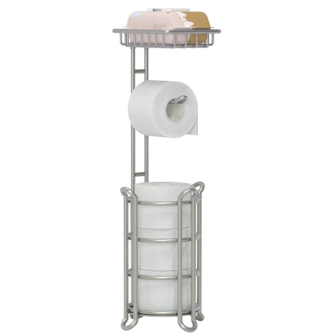 TOILET PAPER HOLDER STAND BATHROOM TISSUE DISPENSER HOLDERS RACK FREE STANDING WITH EXTRA SHELF STORAGE MEGA ROLLSPHONEWIPE SILVER