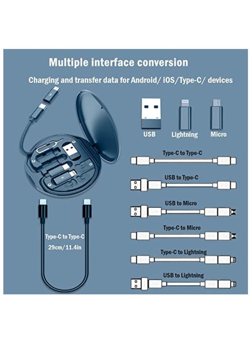 DIGI CORE - 60W USB Adapter Kit Cable Card Multi-Type Charging Cable Case Convertor USB C To Lightning Type C Micro Adapter Data Transfer Contains Card Slot For Traveling Blue - Image 1