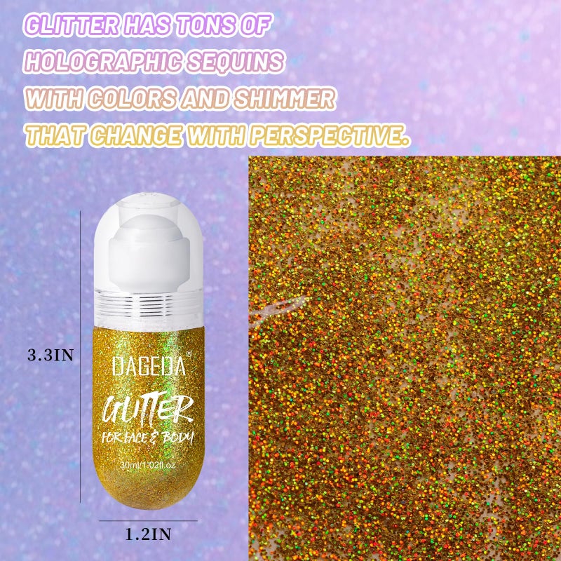 DAGEDA Body Glitter Gel, Roll-on Face Glitter for Mermaid Makeup Festival Rave Accessories, Holographic Hair Glitter Gel,Body Shimmer Halloween Makeup for Rave Party(Laser Gold) - Image 3