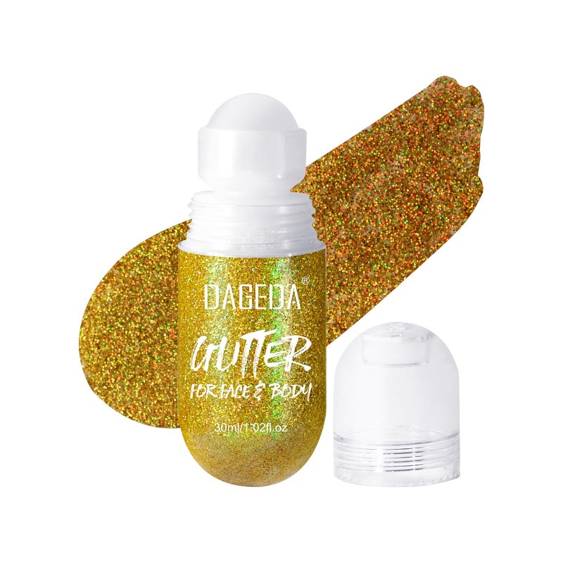DAGEDA Body Glitter Gel, Roll-on Face Glitter for Mermaid Makeup Festival Rave Accessories, Holographic Hair Glitter Gel,Body Shimmer Halloween Makeup for Rave Party(Laser Gold) - Image 1