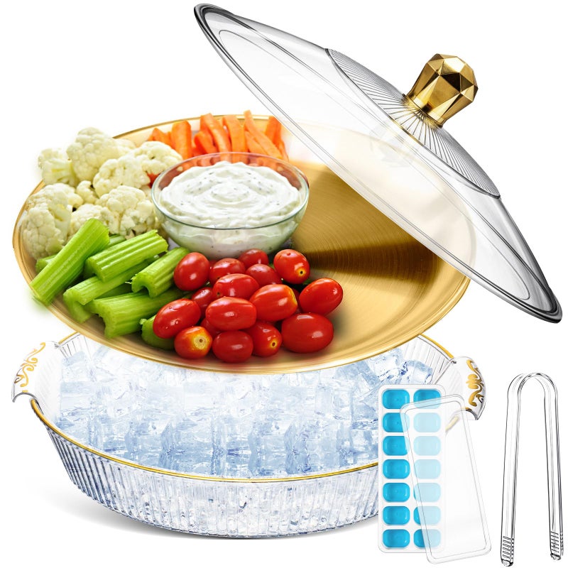 Baderke 1 Set 10 Chilled Serving Tray for Parties with Compartments and Lid Ice Chilled Platter Charcuterie Serving Board for Fruit Seafood Vegetable Appetizer Shrimp Cocktail Gold