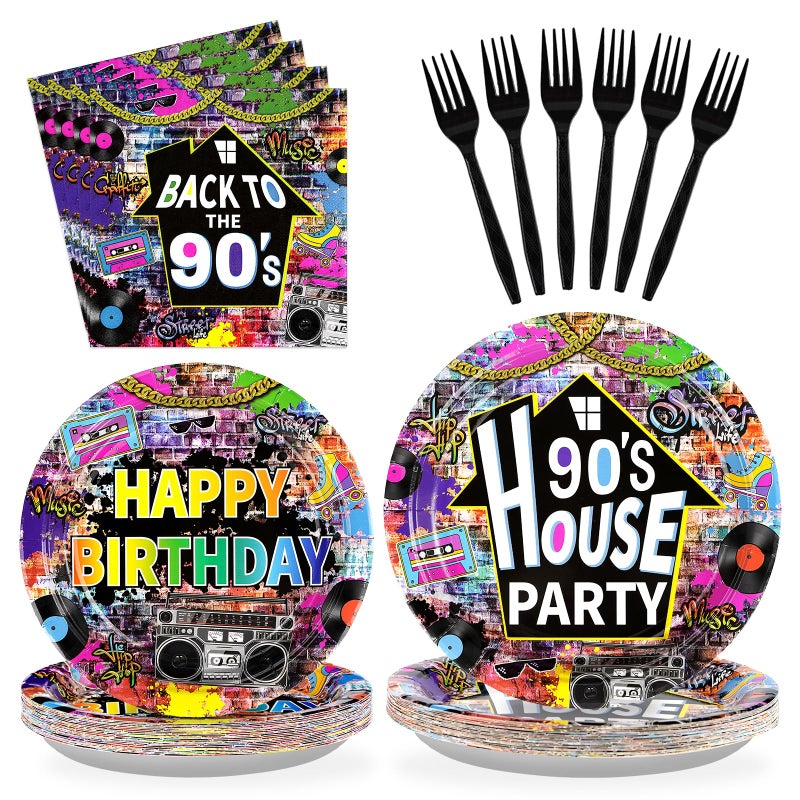 Grencian 96 Pcs 90's House Party Supplies Disposable 90s Party Paper Plates and Napkins Retro Graffiti Wall Back To The 90' Tableware Set for Men Women 90s Birthday Hip Hop Party Decorations Serves 24 - Image 1