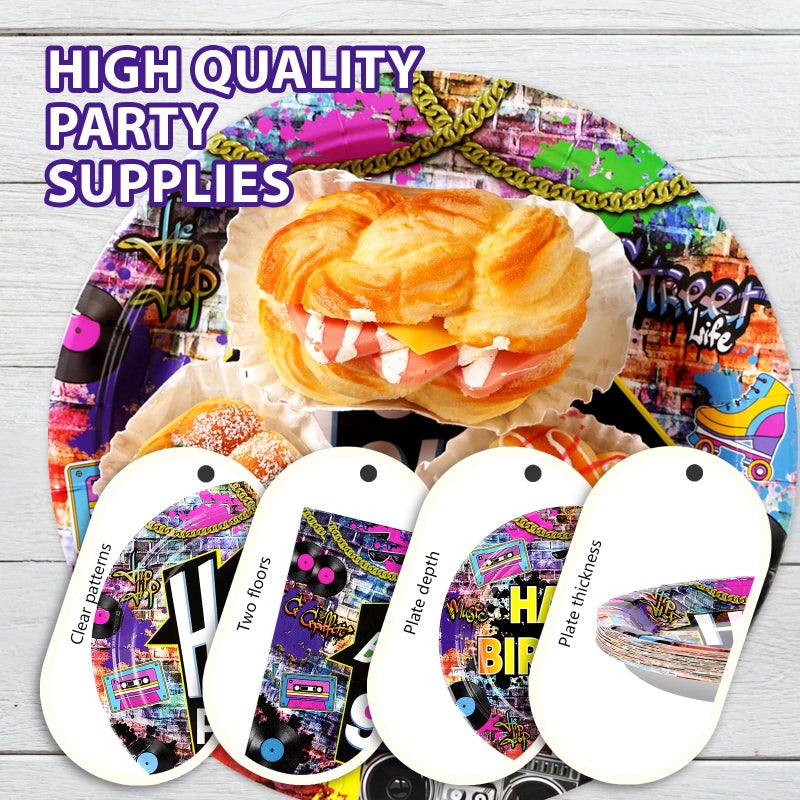 Grencian 96 Pcs 90's House Party Supplies Disposable 90s Party Paper Plates and Napkins Retro Graffiti Wall Back To The 90' Tableware Set for Men Women 90s Birthday Hip Hop Party Decorations Serves 24 - Image 5