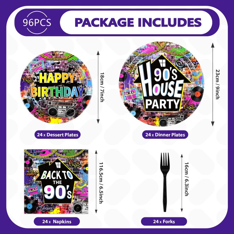 Grencian 96 Pcs 90's House Party Supplies Disposable 90s Party Paper Plates and Napkins Retro Graffiti Wall Back To The 90' Tableware Set for Men Women 90s Birthday Hip Hop Party Decorations Serves 24 - Image 2